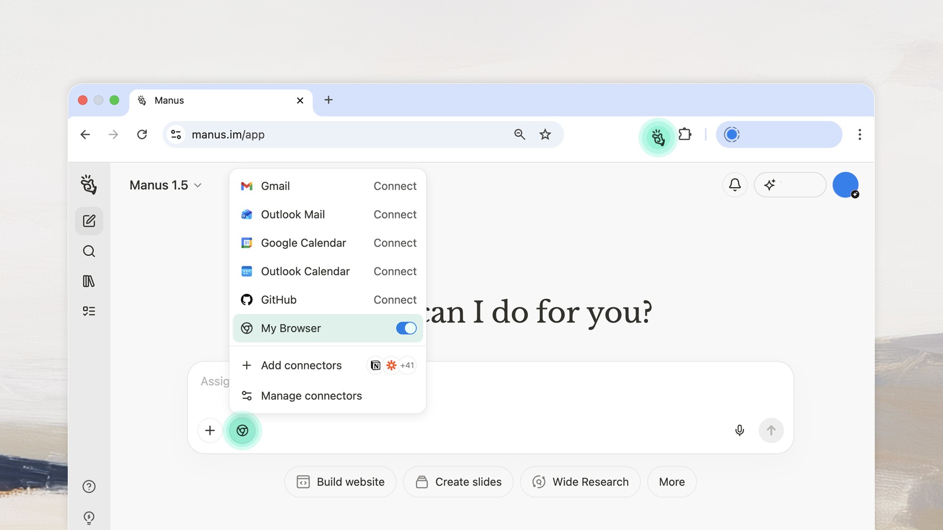 브라우저 커넥터 패널(My Browser 토글)이 열린 GlowUS 데스크톱 화면